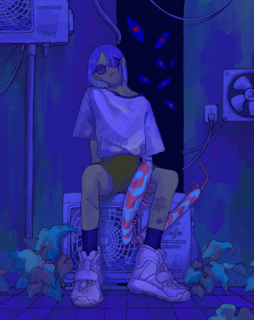 1girl air_conditioner ankle_socks arthropod_girl arthropod_limbs blue-tinted_eyewear blue_background blue_eyes blue_footwear blue_hair blue_shirt blue_socks blue_theme commentary_request condenser_unit eyeball full_body green_shorts highres huyu_pm04 leg_tattoo looking_at_viewer mantis_girl muted_color open_mouth original outdoors plant round_eyewear shirt shoes short_hair shorts sitting sneakers socks solo stitched_neck stitches sunglasses tattoo tinted_eyewear