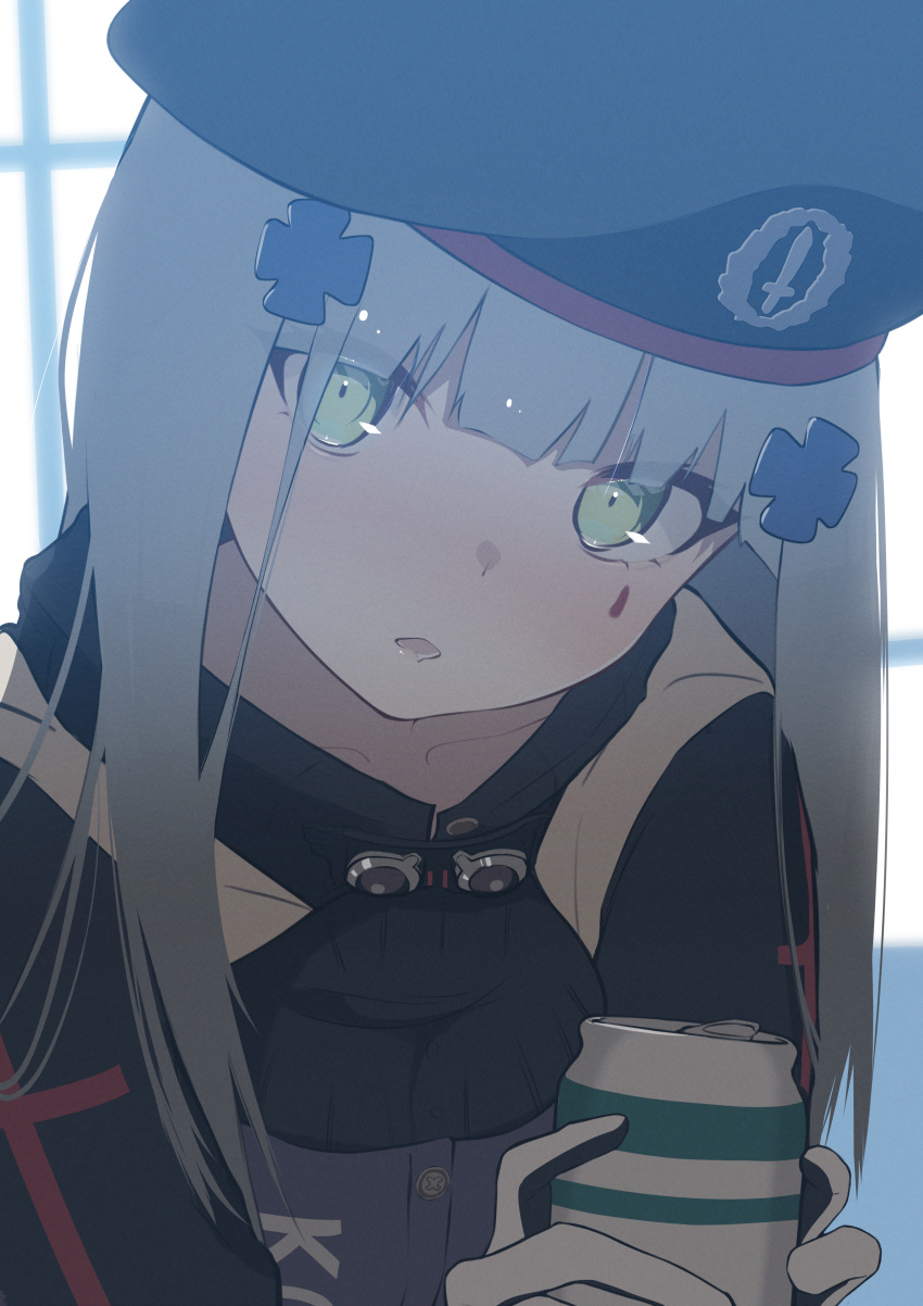 1girl absurdres beret black_gloves can cross_hair_ornament drink_can girls_frontline gloves green_eyes grey_hair hair_ornament hat highres hk416_(girls'_frontline) holding holding_can long_hair looking_at_viewer open_mouth ryunosuke_nikaido soda_can solo teardrop_facial_mark teardrop_tattoo two-tone_gloves upper_body white_gloves