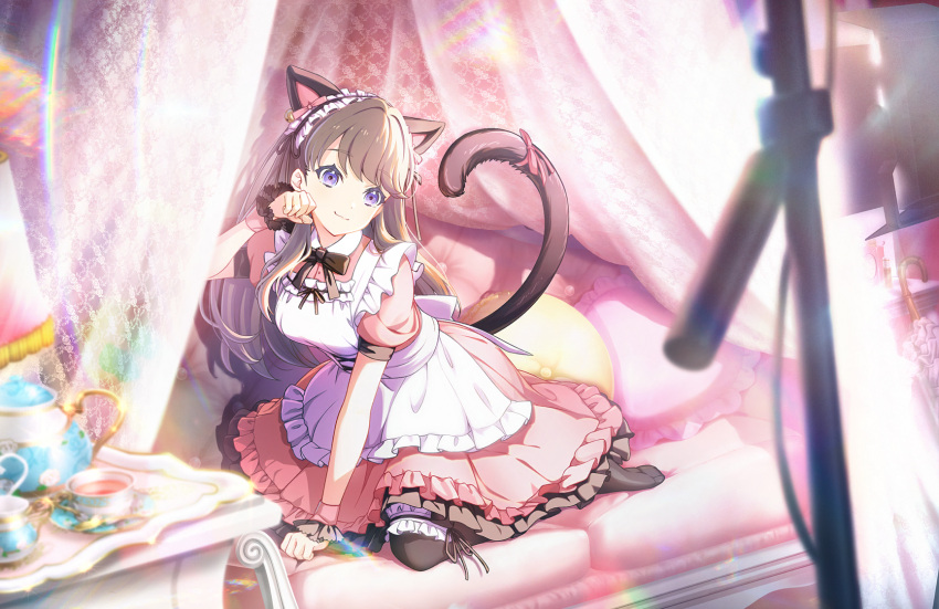 1girl :3 animal_ears apron bell black_pantyhose black_ribbon blurry blurry_foreground brown_hair cat_ears cat_tail closed_mouth collared_dress cup dress fake_animal_ears fake_tail frilled_apron frilled_dress frills fujishima_megumi game_cg hair_bell hair_ornament head_tilt highres lens_flare link!_like!_love_live! long_hair looking_at_viewer love_live! m's_one_day_(love_live!) maid_headdress neck_ribbon no_shoes official_art on_bed pantyhose paw_pose pillow pink_dress puffy_short_sleeves puffy_sleeves ribbon saucer short_sleeves sitting solo tail tea tea_set teacup teapot third-party_source tray violet_eyes virtual_youtuber wariza white_apron