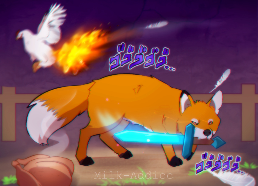 animification bengt_(fox)_(pewdiepie) bird burning chicken_(food) deviantart_username duck feathers fence food fox glowing glowing_sword glowing_weapon holding holding_sword holding_weapon milk-addicc minecraft mouth_hold pewdiepie smell sound_effects sword weapon weapon_in_mouth