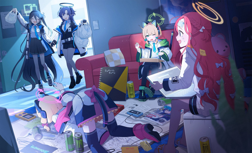 13_(spice!!) 5girls aris_(blue_archive) blue_archive game_development_department_(blue_archive) highres indoors midori_(blue_archive) momoi_(blue_archive) multiple_girls siblings sisters twins yuuka_(blue_archive) yuzu_(blue_archive)