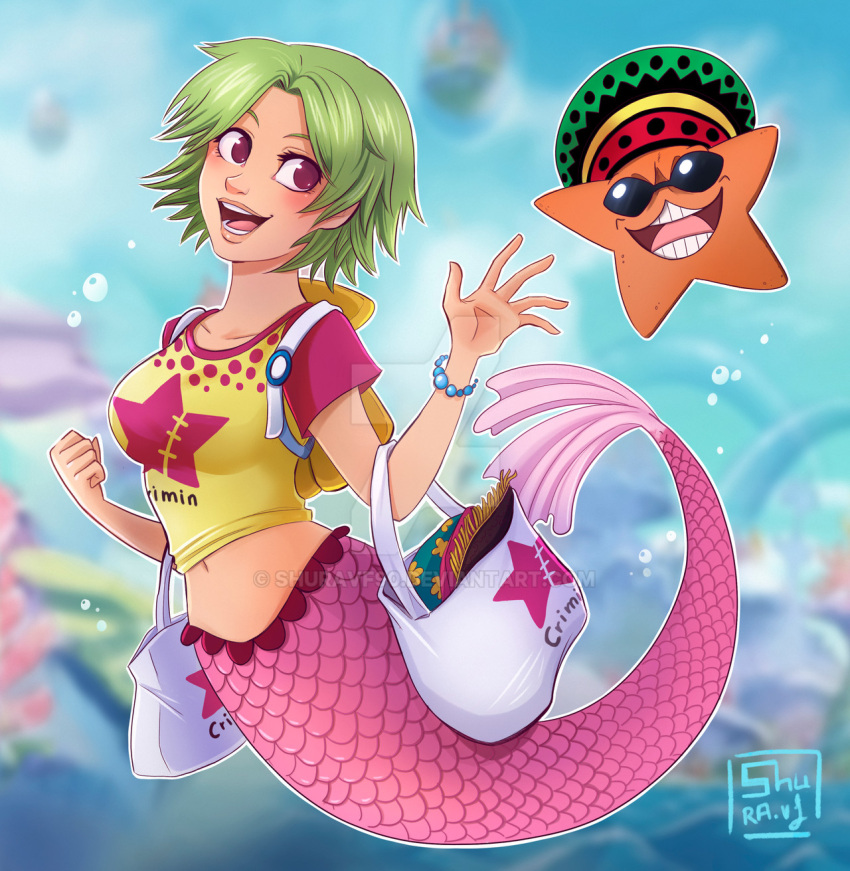 1girl 1other bag blurry blurry_background bracelet bubble camie_(one_piece) clenched_hand crop_top english_commentary green_hair hat highres holding holding_bag in_water jewelry looking_to_the_side mermaid monster_girl one_piece open_mouth pappug pink_shirt shirt short_hair shuravf smile starfish sunglasses two-tone_shirt yellow_shirt