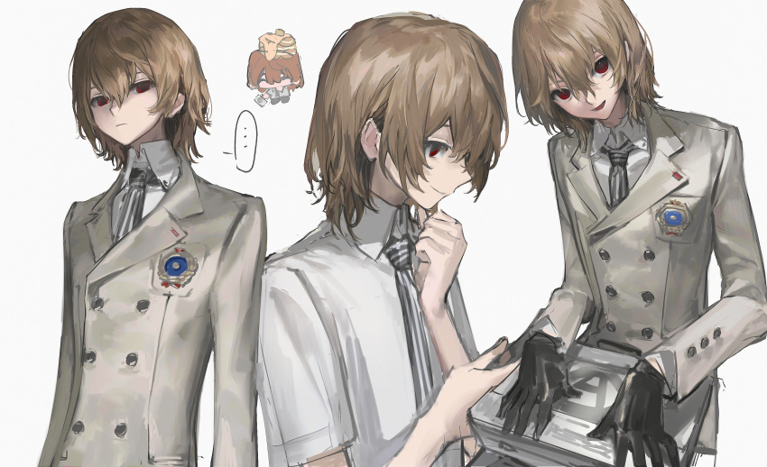... 1boy :d absurdres akechi_gorou badge black_gloves bow bowtie brown_hair buttons chibi chibi_inset chinese_commentary closed_mouth coat collared_shirt diurtion double-breasted food gloves hair_between_eyes highres holding jacket long_sleeves looking_at_viewer male_focus multiple_views necktie open_mouth pancake pancake_stack persona persona_5 red_eyes shirt short_hair sidelocks simple_background smile speech_bubble spoken_ellipsis striped_bow striped_bowtie striped_clothes striped_necktie upper_body white_background white_shirt