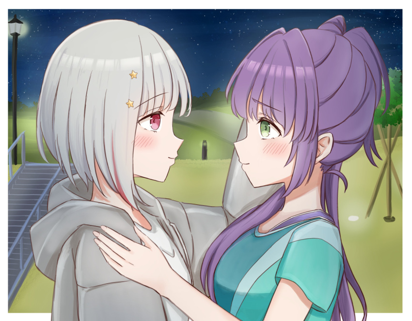 2girls absurdres blush bob_cut border breasts colored_inner_hair commentary_request eye_contact green_eyes green_shirt grey_hair grey_jacket hair_ornament hand_on_another's_head hand_on_another's_shoulder highres hood hooded_jacket in-universe_location inverted_bob iroha_(nami3) jacket lamppost link!_like!_love_live! lone_nape_hair long_hair long_sleeves looking_at_another love_live! medium_breasts multicolored_hair multiple_girls night night_sky open_clothes open_jacket otomune_kozue outside_border purple_hair purple_tank_top red_eyes redhead scene_reference shirt short_hair short_sleeves side_ponytail sidelocks sky smile star_(sky) star_(symbol) star_hair_ornament starry_sky streaked_hair tank_top virtual_youtuber white_border white_shirt yugiri_tsuzuri