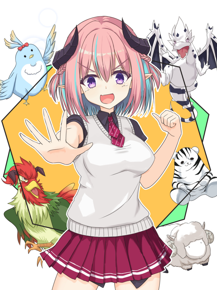 1girl :d bird black_shirt blue_bird blue_hair braid breasts clenched_hand collared_shirt commentary_request cowboy_shot demon_girl demon_horns eyelashes fang french_braid hair_between_eyes hajimeru_sekai_no_risouron hand_up hellmilia_van_noxrose highres horns looking_at_viewer medium_breasts miniskirt multicolored_hair necktie open_mouth orange_background outstretched_arm pink_hair pleated_skirt pointy_ears red_necktie red_skirt school_uniform sheep shirayamakoma shirt short_necktie short_sleeves simple_background skin_fang skirt smile smug solo streaked_hair sweater_vest thumbs_up tsurime two-tone_background two_side_up v-shaped_eyebrows violet_eyes white_background white_sweater_vest