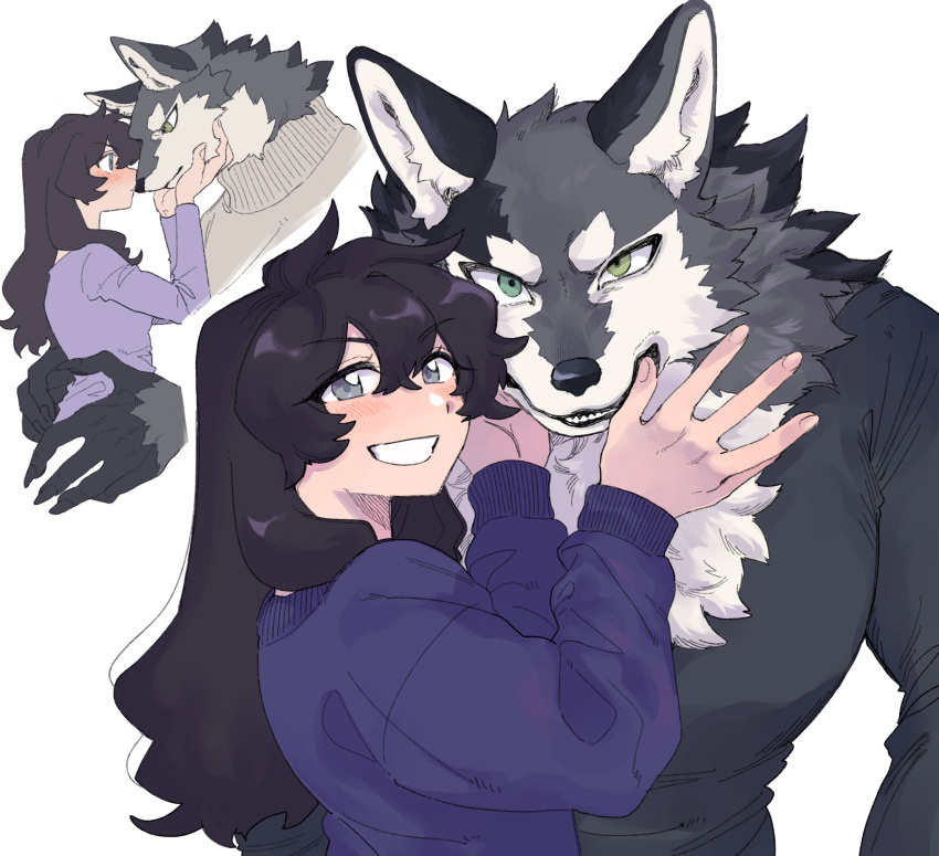 1boy 1girl animal_ears black_hair black_shirt blush commentary_request fingernails furry furry_male furry_with_non-furry green_eyes grey_eyes grey_fur grin hand_in_another's_mouth hands_up hetero highres holding_another's_head interspecies large_hands long_hair long_sleeves looking_at_another looking_at_viewer multiple_views open_mouth original purple_sweater rata_(norahasu) sharp_fingernails shirt simple_background smile sweater upper_body white_background white_fur wolf_boy wolf_ears