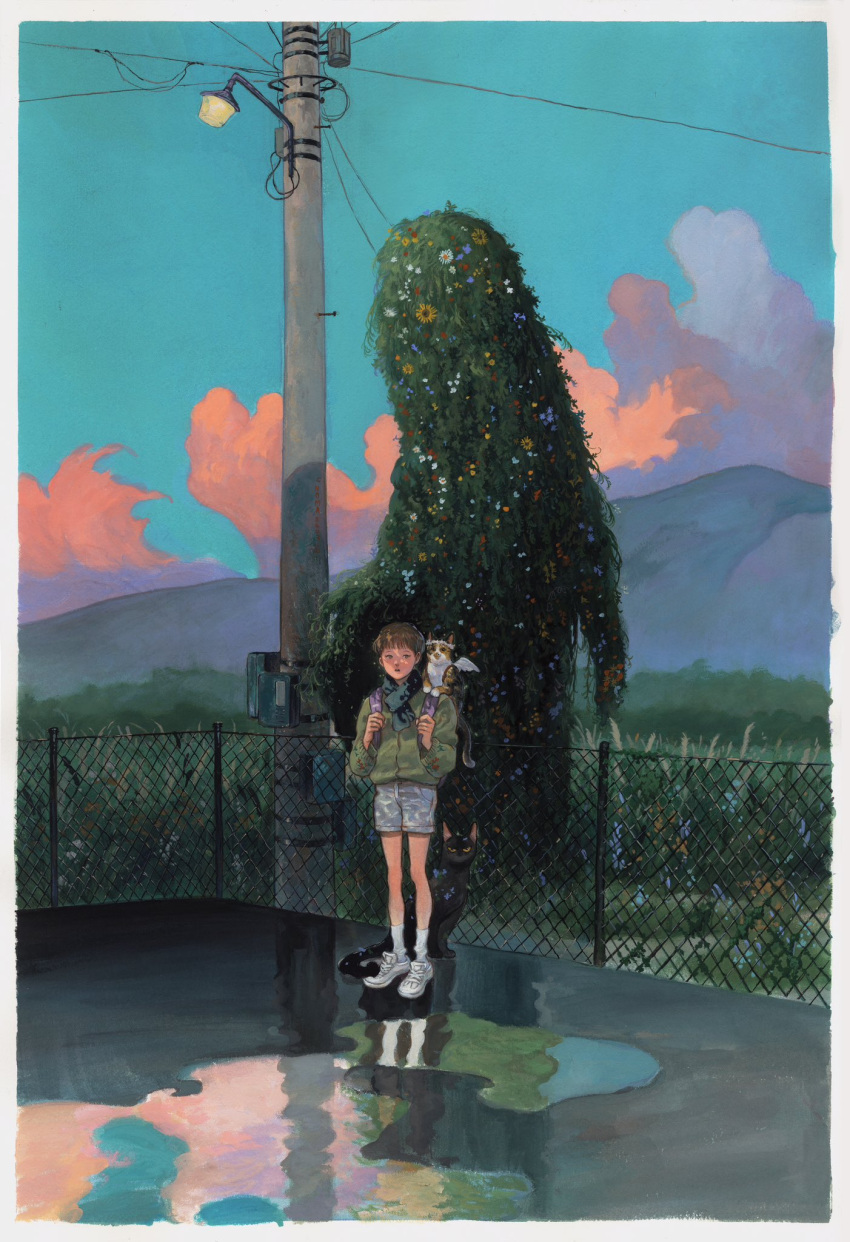 1boy animal_on_shoulder black_cat blue_scarf blue_sky border brown_eyes brown_hair cat cat_on_shoulder chain-link_fence clouds commentary_request day fence field flower grass green_jacket head_wreath highres holding_strap jacket korean_commentary lamp long_sleeves making-of_available male_focus monster mountainous_horizon n0ma oil-paper_umbrella open_mouth original outdoors power_lines puddle reflection reflective_water scarf scenery shoes short_hair shorts sky sneakers socks standing umbrella utility_pole white_border white_footwear white_shorts white_socks winged_animal