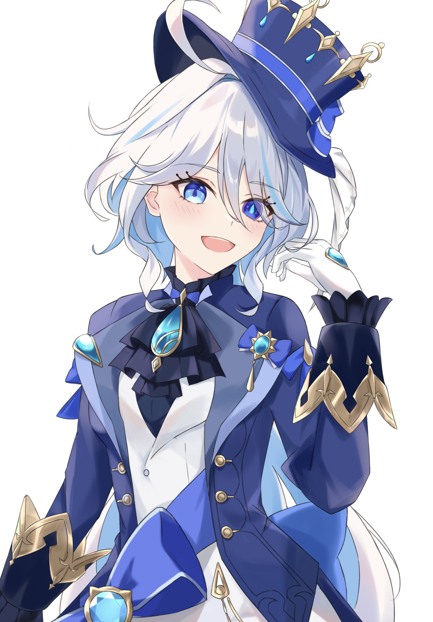 1girl :d absurdres ahoge ascot black_ascot blue_eyes blue_hair blue_hat blue_jacket brooch colored_inner_hair commentary furina_(genshin_impact) genshin_impact gloves hand_up hat highres jacket jewelry long_hair looking_at_viewer multicolored_hair open_clothes open_jacket open_mouth shirt simple_background smile solo streaked_hair top_hat tsuihane upper_body very_long_hair white_background white_gloves white_hair white_shirt