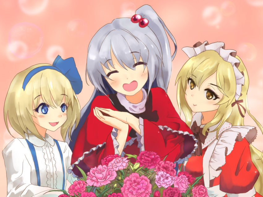 3girls :d ^_^ alice_margatroid alice_margatroid_(pc-98) batsunagi black_bow black_bowtie blonde_hair blue_eyes blue_hairband blue_ribbon blush bouquet bow bowtie capelet center_frills closed_eyes collared_dress collared_shirt dress flower frilled_capelet frilled_dress frilled_sleeves frills hair_bobbles hair_ornament hairband happy highres long_hair long_sleeves maid maid_headdress mother's_day mother_and_daughter multiple_girls open_mouth pink_background pink_flower puffy_short_sleeves puffy_sleeves red_capelet red_dress ribbon shinki_(touhou) shirt short_sleeves side_ponytail smile strap touhou touhou_(pc-98) very_long_hair white_shirt wide_sleeves yellow_eyes yumeko_(touhou)