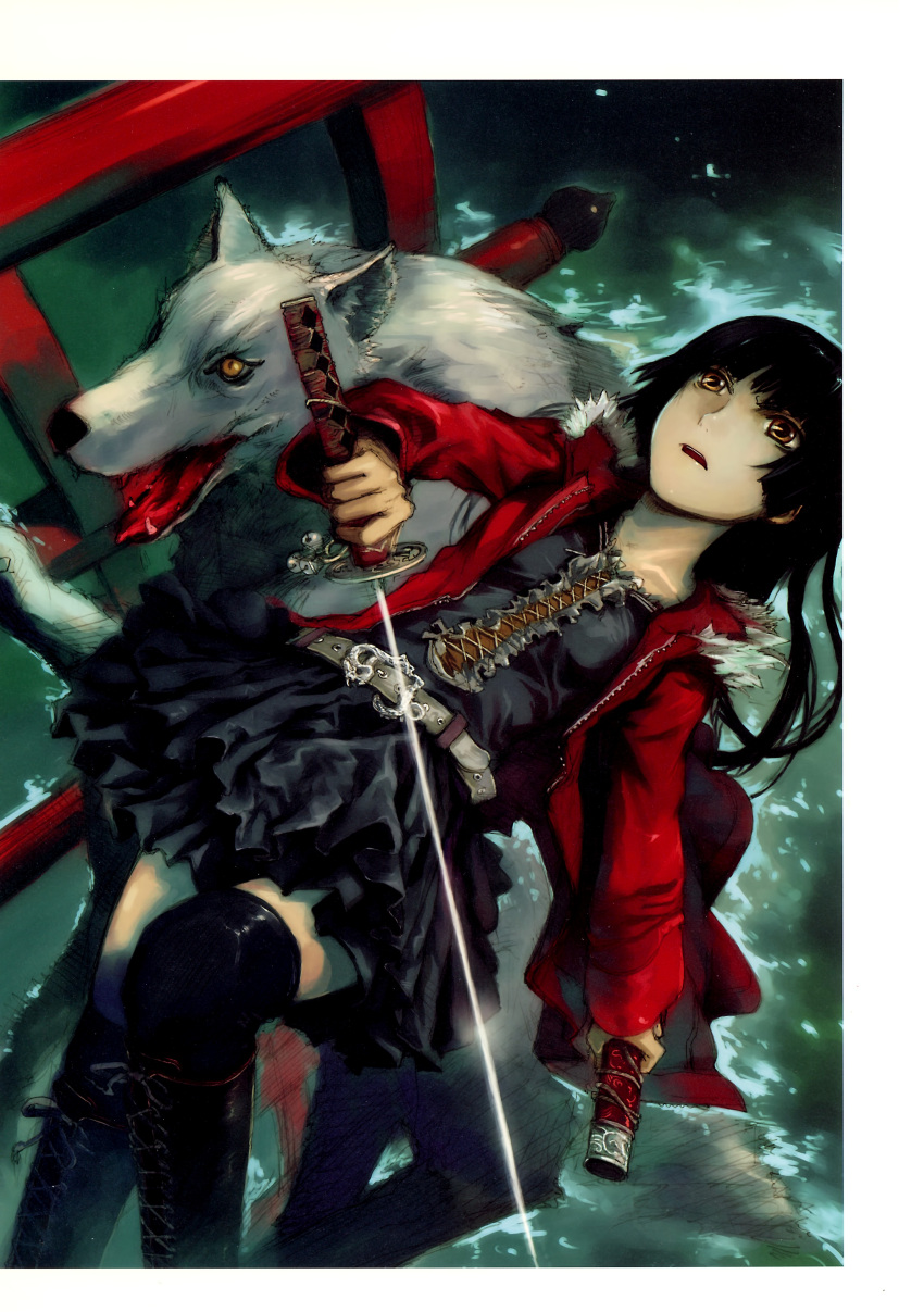 1girl abe_yoshitoshi absurdres black_dress black_hair black_thighhighs brown_eyes dress highres holding holding_sword holding_weapon jacket long_hair looking_up lying non-web_source on_back open_mouth original red_jacket solo sword thigh-highs torii water weapon wolf