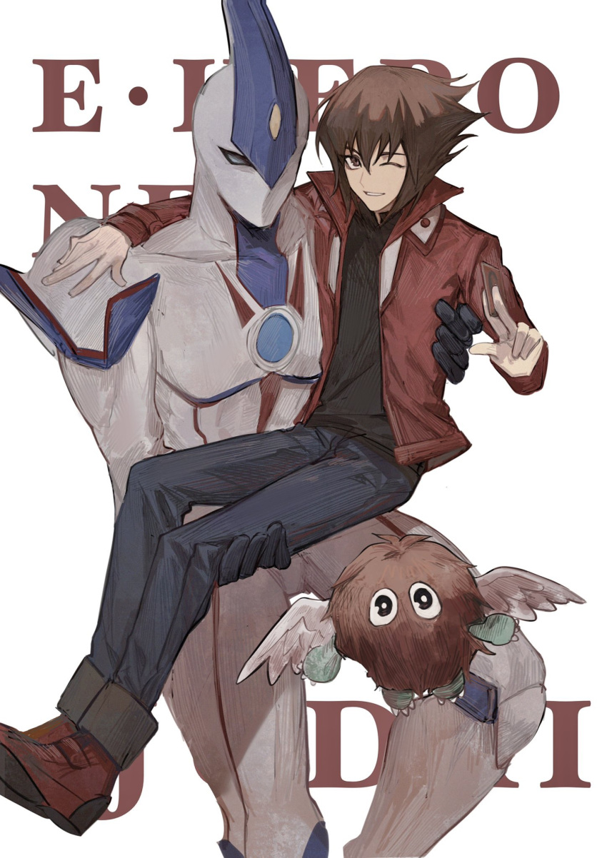 1boy arm_around_shoulder arm_up bad_id bad_lofter_id black_shirt blue_eyes blue_pants bright_pupils brown_eyes brown_fur brown_hair card carrying character_name claws denim duel_academy_uniform_(yu-gi-oh!_gx) duel_monster elemental_hero_neos flying full_body grin hand_up happy highres holding holding_card jacket jeans looking_at_viewer male_focus naoki_(2rzmcaizerails6) no_pupils non-web_source one_eye_closed pants princess_carry red_footwear red_jacket shirt shoes short_hair smile spiky_hair trading_card white_background winged_kuriboh yu-gi-oh! yu-gi-oh!_gx yuki_judai