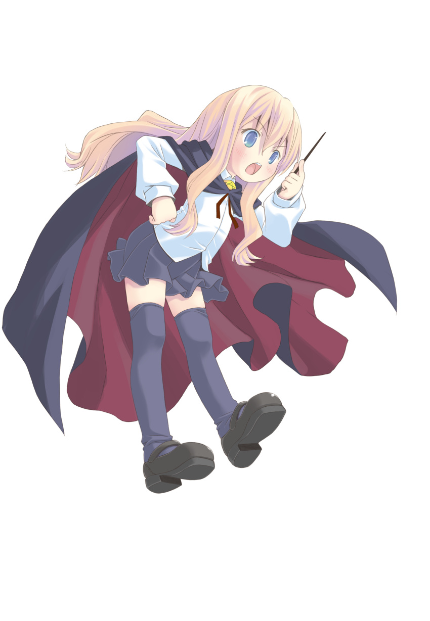 1girl absurdres alternate_hair_color angry black_cloak black_footwear black_skirt black_thighhighs blonde_hair blue_eyes blush cloak flat_chest full_body highres holding holding_wand long_hair louise_francoise_le_blanc_de_la_valliere mary_janes open_mouth pop_(electromagneticwave) shoes simple_background skirt solo thigh-highs wand white_background zero_no_tsukaima zettai_ryouiki