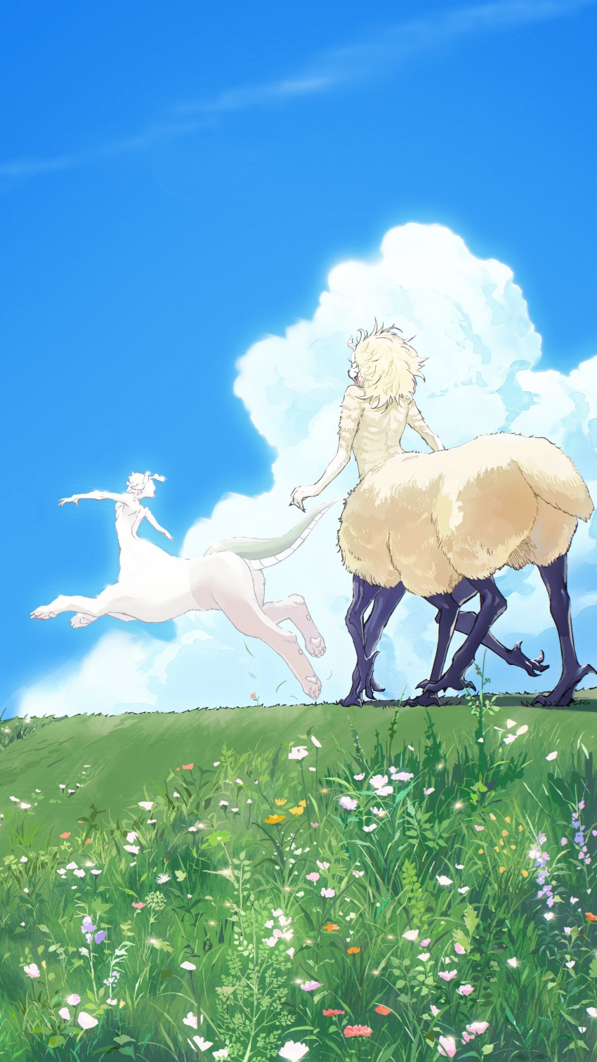 2boys absurdres androgynous blonde_hair blue_sky body_fur chinese_commentary clouds colored_skin commentary_request day dragon_tail field flower from_behind grass highres lantern_madoyoi male_focus meadow medium_hair monster_boy multiple_boys multiple_legs open_mouth original outdoors outstretched_arms pawpads running sheep_tail short_hair sky spread_arms tail taur walking white_flower white_fur white_skin