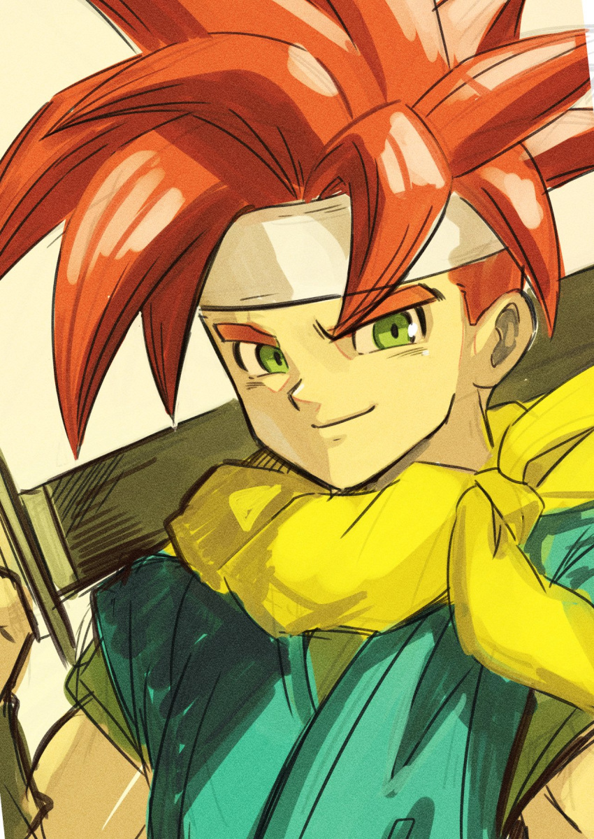 1boy chrono_trigger closed_mouth crono_(chrono_trigger) green_eyes headband highres holding holding_sword holding_weapon looking_at_viewer over_shoulder redhead scarf short_hair smile solo spiky_hair sword waku_(ayamix) weapon weapon_over_shoulder white_headband yellow_scarf