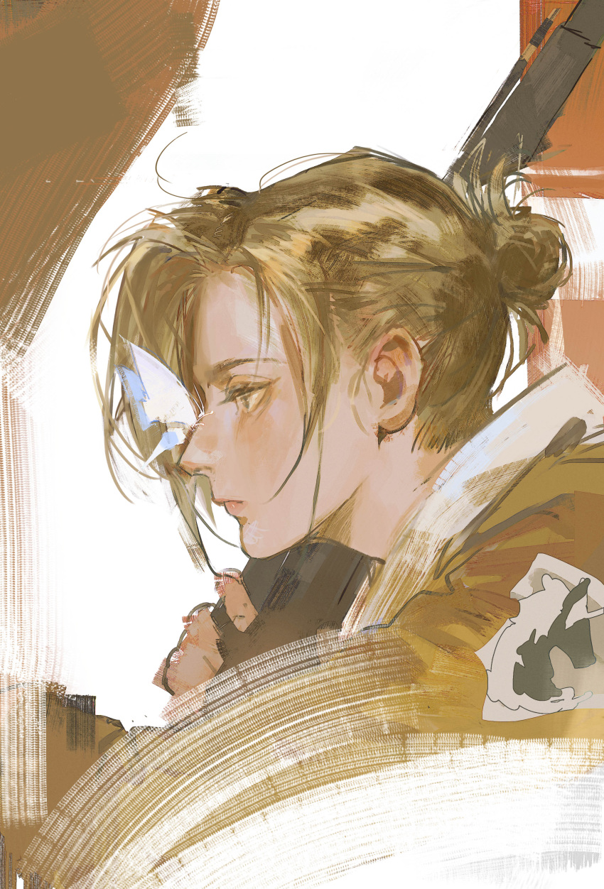 1girl absurdres annie_leonhart blonde_hair blue_eyes brown_jacket bug butterfly butterfly_on_nose expressionless from_side gun hair_bun highres holding holding_gun holding_weapon jacket liyuliyuzhou looking_ahead military_police_brigade_(emblem) painterly portrait profile shingeki_no_kyojin short_hair single_hair_bun solo swept_bangs weapon