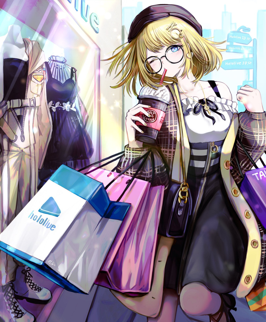 bag black_footwear black_hat black_pantyhose black_skirt blonde_hair blue_eyes brown_coat cabbie_hat coat commentary cup display disposable_cup earrings english_commentary frilled_shirt frills glasses hair_ornament hairclip hand_up hat heart heart_earrings high-waist_skirt highres holding holding_cup hololive hololive_english jewelry off-shoulder_shirt off_shoulder official_alternate_hairstyle one_side_up pantyhose pitdoo plaid plaid_coat round_eyewear see-through see-through_legwear shirt shopping shopping_bag short_hair single_bare_shoulder skirt strappy_heels virtual_youtuber watson_amelia watson_amelia_(3rd_costume) watson_amelia_(astronaut) watson_amelia_(street_casual) white_shirt window_shopping zipper_skirt