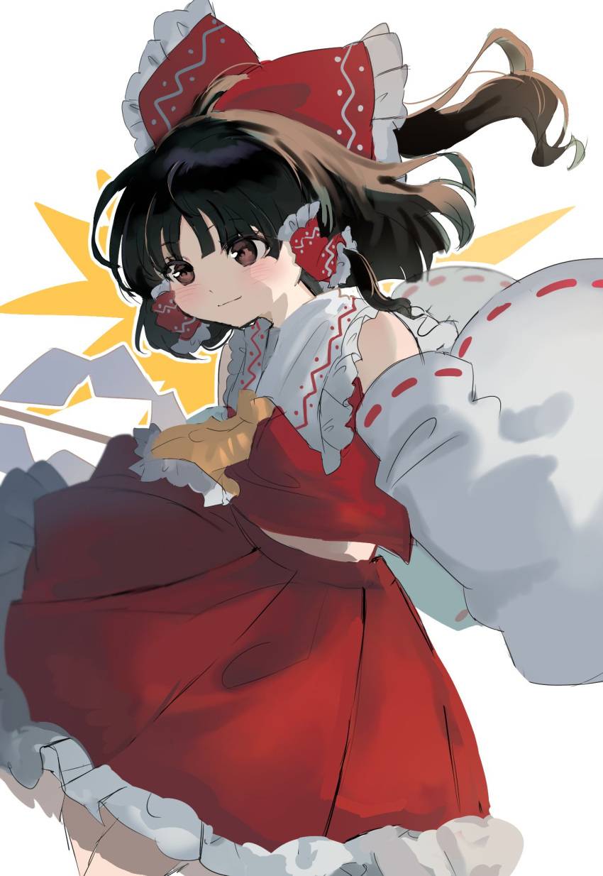 1girl ascot black_eyes black_hair bow detached_sleeves frilled_bow frilled_hair_tubes frills gohei hair_bow hair_tubes hakurei_reimu highres ramochi red_bow red_skirt ribbon-trimmed_sleeves ribbon_trim skirt skirt_set solo touhou upper_body white_background yellow_ascot