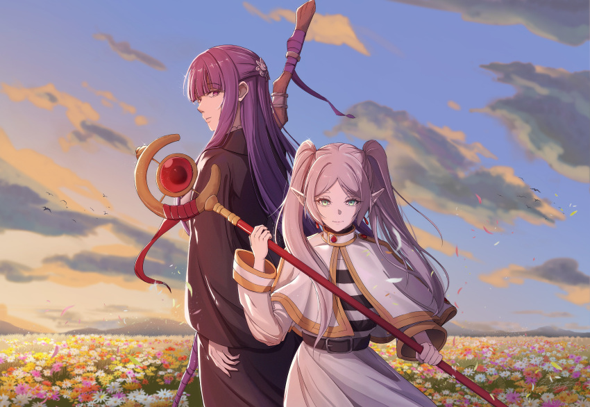 2girls absurdres arm_at_side back-to-back belt bird black_belt black_robe blunt_bangs chinese_commentary closed_mouth clouds commentary_request cowboy_shot dress expressionless fern_(sousou_no_frieren) field flower flower_field frieren green_eyes grey_hair hair_ornament hair_over_shoulder hand_up height_difference highres holding holding_staff long_hair long_sleeves looking_at_viewer looking_back mountainous_horizon multiple_girls outdoors petals pointy_ears purple_hair robe sky sousou_no_frieren staff standing sunset violet_eyes white_dress wide_sleeves zing_(zingart)