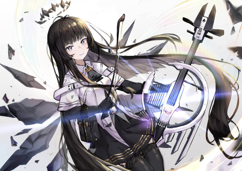 1girl antenna_hair arknights ascot belt belt_buckle belt_pouch black_ascot black_belt black_garter_straps black_gloves black_hair black_halo black_skirt black_thighhighs black_wings bow_(music) breasts bright_pupils broken_halo buckle cello chinese_commentary closed_mouth collared_jacket commentary_request cowboy_shot dark_halo detached_wings dutch_angle energy_wings floating_hair garter_straps gloves grey_background grey_eyes grey_hair halo holding holding_bow_(music) holding_instrument instrument jacket layered_sleeves lens_flare long_hair long_sleeves looking_at_viewer miniskirt pleated_skirt pouch rainbow_(pixiv_66183854) revision short-sleeved_jacket short_over_long_sleeves short_sleeves simple_background skirt small_breasts smile solo staff_(music) standing straight_hair strap thigh-highs very_long_hair virtuosa_(arknights) white_jacket white_pupils wide_sleeves wing_collar wings zettai_ryouiki