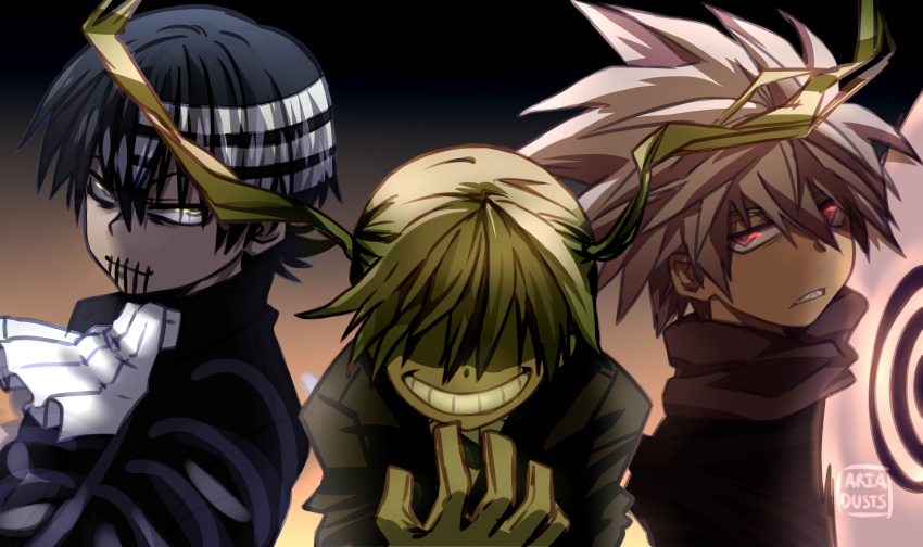 1girl 2boys absurdres ariadusts artist_name ascot black_hair blonde_hair cardigan crazy_smile eyes_in_shadow gloves highres looking_at_viewer multiple_boys red_eyes smile soul_eater stitched_mouth stitches striped_hair twintails white_gloves yellow_eyes