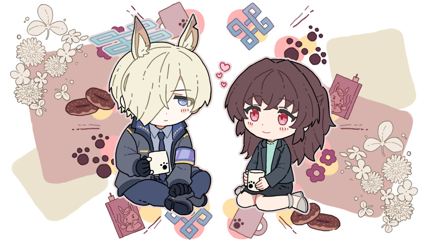 1boy 1girl animal_ears armband black_jacket black_skirt blonde_hair blue_archive blue_armband blue_eyes blue_necktie blue_shirt blush chibi chibi_only crossed_bangs cup dog_ears doughnut female_sensei_(blue_archive) flower food genderswap genderswap_(ftm) green_shirt hair_over_one_eye halo heart highres holding holding_cup jacket kanna_(blue_archive) long_hair necktie notched_ear open_clothes open_jacket parted_bangs paw_print red_eyes ringed_eyes sensei_(blue_archive) senta_(ysk_0218) shirt short_hair sitting skirt wariza