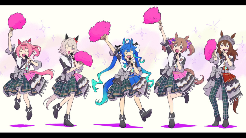 5girls :d ^_^ ahoge animal_ears aqua_hair arm_up beanie black_footwear black_jacket blue_hair boots bow brown_hair checkered_bow checkered_clothes closed_eyes commentary_request crossed_bangs curren_chan_(umamusume) ear_bow ear_covers ears_through_headwear frilled_sleeves frills green_skirt grey_bow hair_bow hairband hand_fan hand_up haru_urara_(umamusume) hat heel_up highres holding holding_microphone horse_ears horse_girl horse_tail jacket jumping leg_up letterboxed long_hair looking_at_viewer microphone multicolored_hair multiple_girls nakayama_festa_(umamusume) official_alternate_costume one_eye_closed open_mouth orange_eyes outstretched_arm pants pink_bow plaid plaid_pants plaid_skirt purple_bow sawa2neko sharp_teeth sidelocks skirt smart_falcon_(umamusume) smile sparkle splendor_of_onyx_(umamusume) standing standing_on_one_leg striped_bow tail teeth twin_turbo_(umamusume) twintails two-tone_hair umamusume very_long_hair violet_eyes white_background