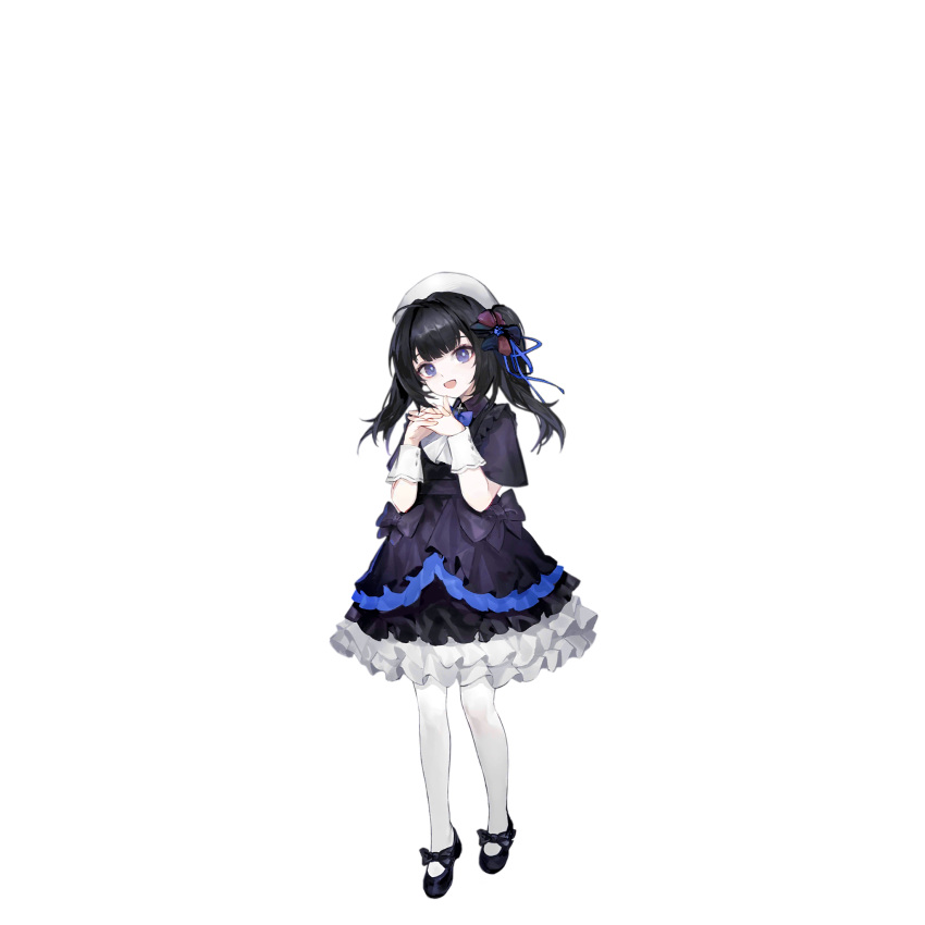 1girl :d ahoge artist_request black_bow black_dress black_footwear black_hair blue_bow blue_bowtie blue_dress blue_eyes blue_ribbon bow bowtie dress footwear_bow frilled_dress frills full_body girls_frontline hair_bow hair_ribbon hat headwear_request highres interlocked_fingers layered_dress lolita_fashion long_hair looking_at_viewer mary_janes official_art open_mouth own_hands_together pantyhose ribbon sana_(girls'_frontline) shoes short_sleeves simple_background smile solo standing third-party_source transparent_background twintails white_dress white_hat white_pantyhose white_wrist_cuffs wrist_cuffs