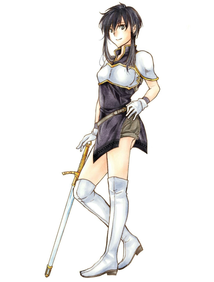 1girl armor black_hair boots breastplate dokkirium fire_emblem fire_emblem:_genealogy_of_the_holy_war gloves highres holding holding_sword holding_weapon larcei_(fire_emblem) looking_at_viewer planted planted_sword purple_tunic short_shorts shorts shoulder_armor sidelocks smile solo sword thigh_boots tomboy tunic weapon