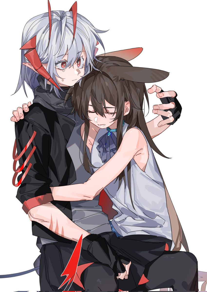 2girls amiya_(arknights) animal_ears antennae arknights ascot bare_arms black_gloves black_jacket black_pants bright_pupils brown_hair closed_eyes closed_mouth commentary corrupted_twitter_file fingerless_gloves gloves grey_hair grey_scarf grey_shirt hand_on_another's_shoulder highres horns hug jacket long_hair medium_hair molu_stranger multiple_girls open_clothes open_jacket open_mouth pants ponytail purple_ascot rabbit_ears red_eyes scar scar_on_arm scarf shirt short_sleeves simple_background sitting sitting_on_lap sitting_on_person sleeveless sleeveless_shirt tears w_(arknights) white_background white_pupils white_shirt