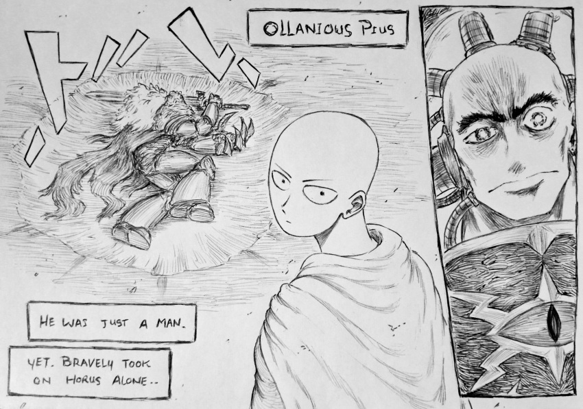 2boys absurdres armor bald cape chronozbergh closed_mouth commentary crater crossover english_text full_armor greyscale highres lying male_focus meme monochrome multiple_boys ollanius_pius one-punch_man saitama_(one-punch_man) sword traditional_media warhammer_40k weapon yamcha_pose_(meme)