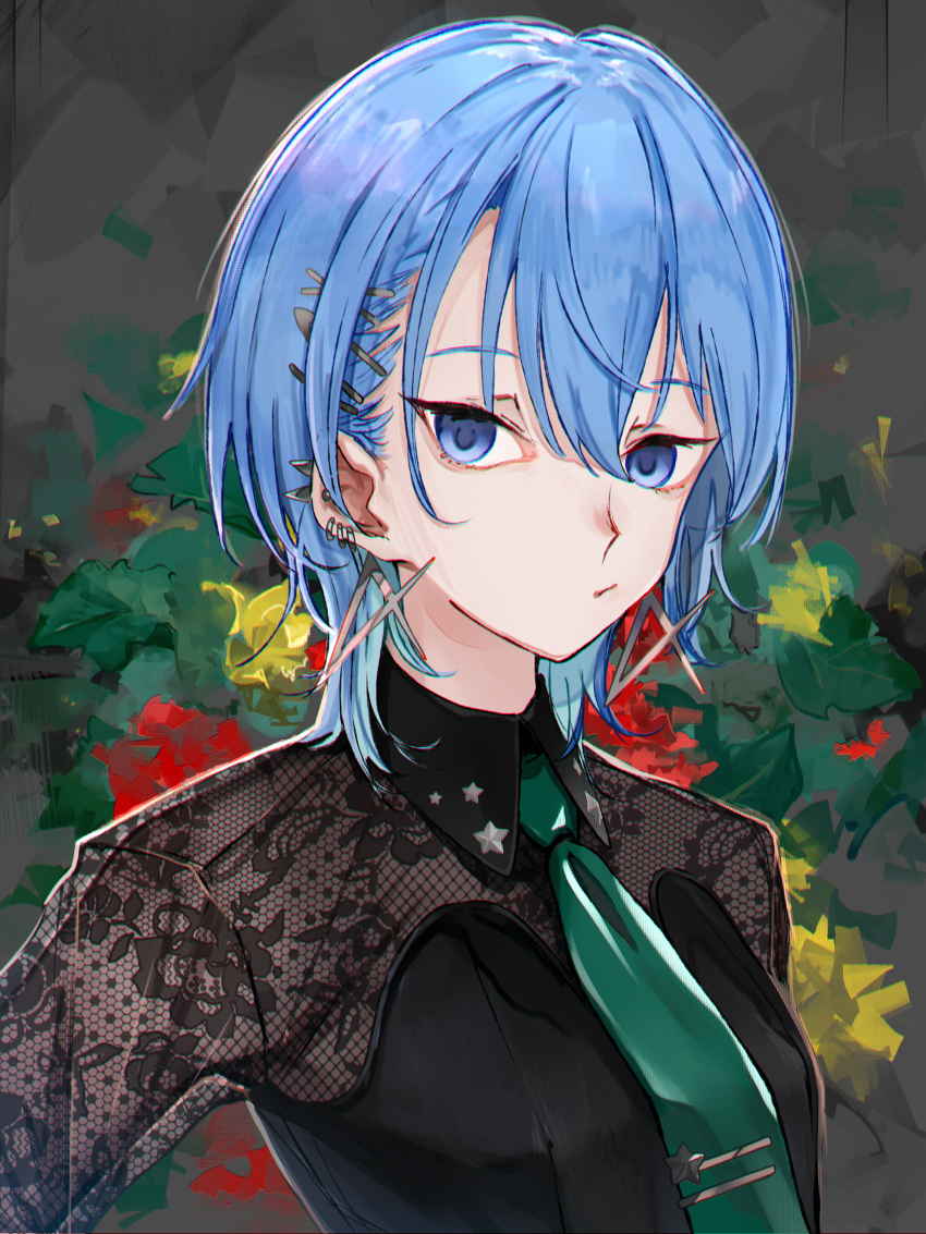 1girl absurdres blue_eyes blue_hair breasts ear_piercing earrings hair_ornament hairclip highres hololive hoshimachi_suisei jewelry looking_at_viewer medium_hair necktie piercing see-through short_hair small_breasts solo toro3 virtual_youtuber wolf_cut