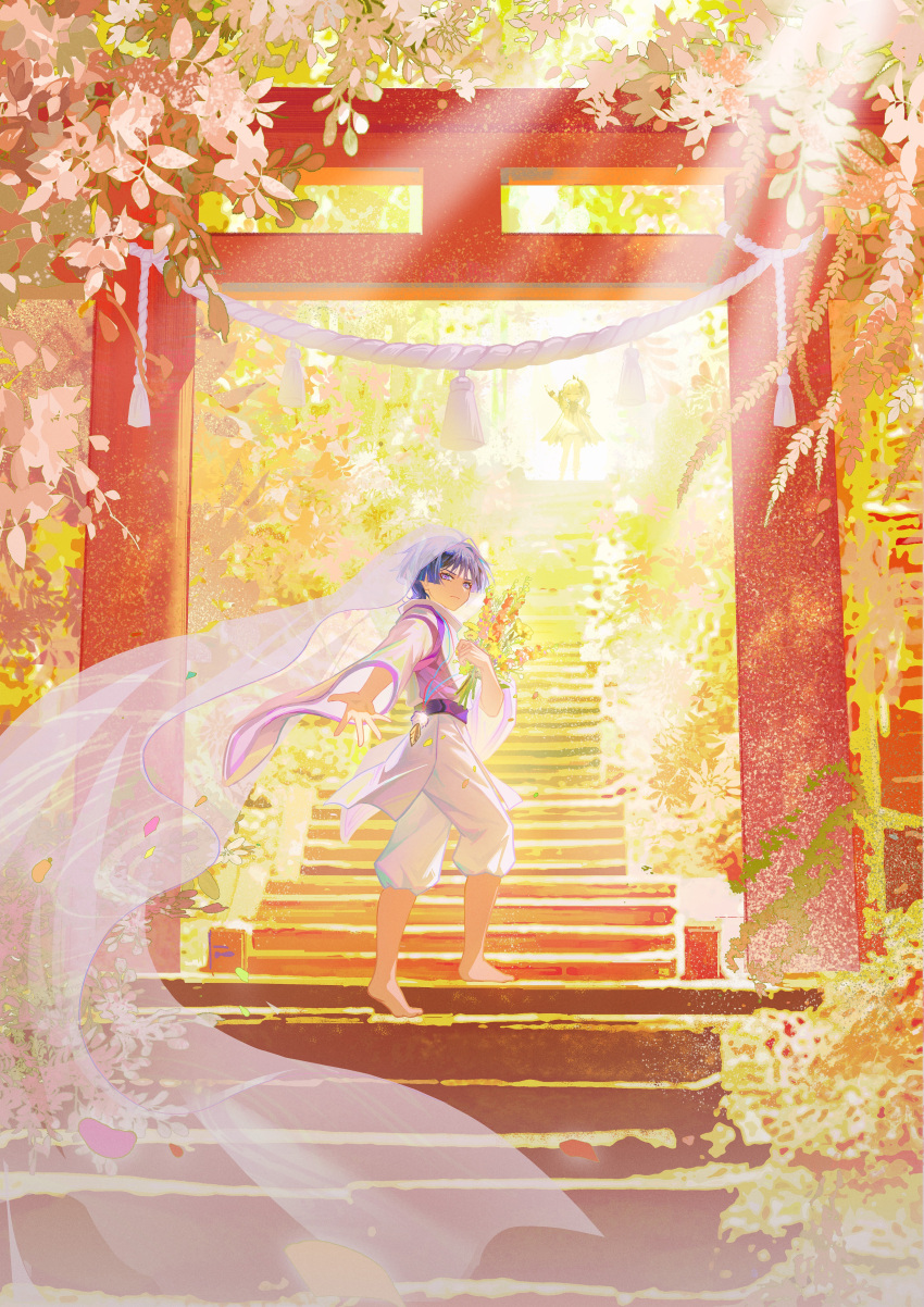 1boy 1girl absurdres barefoot blunt_ends chinese_commentary commentary_request day eyeshadow flower from_behind genshin_impact hakama hakama_shorts highres holding holding_flower jacket japanese_clothes jewelry leaf light_rays long_sleeves looking_at_viewer looking_back makeup male_focus nahida_(genshin_impact) outdoors outstretched_arm outstretched_hand pendant pink_vest purple_hair reaching reaching_towards_viewer red_eyeshadow rope san_wu_mao_liang scaramouche_(genshin_impact) scaramouche_(kabukimono)_(genshin_impact) scenery serious shimenawa short_hair shorts solo_focus stairs sunlight tassel torii veil vest violet_eyes walking white_jacket white_shorts wide_shot wide_sleeves