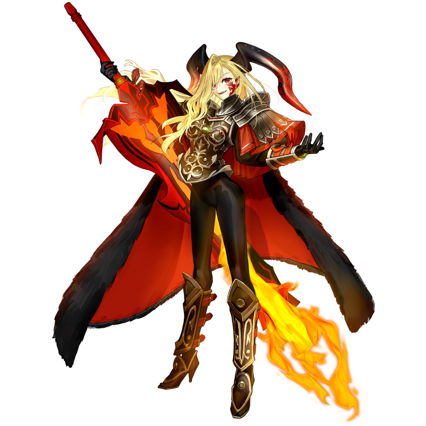 1girl armor black_armor black_bodysuit black_gloves black_horns blonde_hair bodysuit breasts cape dragon_horns facial_mark fate/grand_order fate_(series) fur_trim game_cg gloves hair_intakes hair_over_one_eye highres horns long_hair looking_at_viewer nero_claudius_(fate) official_art pointy_ears queen_draco_(fate) queen_draco_(third_ascension)_(fate) red_eyes smile solo transparent_background wada_arco wavy_hair