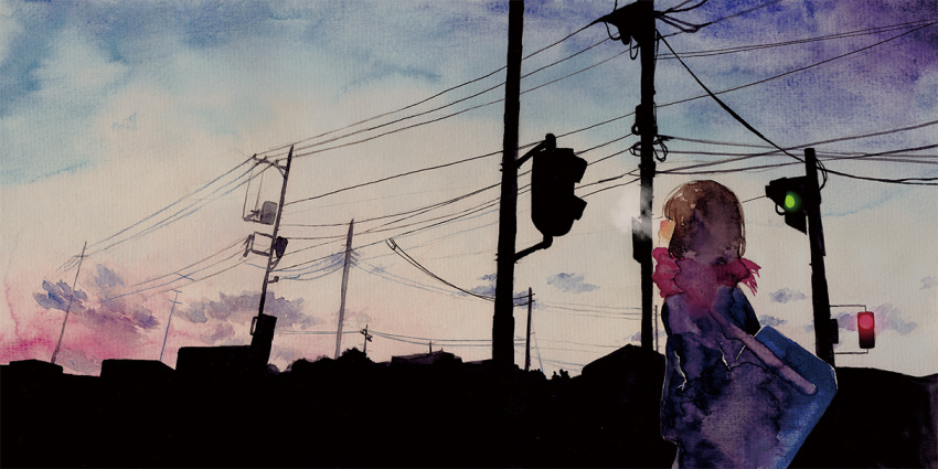 1girl bag breath brown_hair building clouds commentary_request moekon original outdoors painting_(medium) power_lines profile red_scarf scarf scenery school_bag short_hair sky solo traditional_media traffic_light upper_body utility_pole watercolor_(medium)