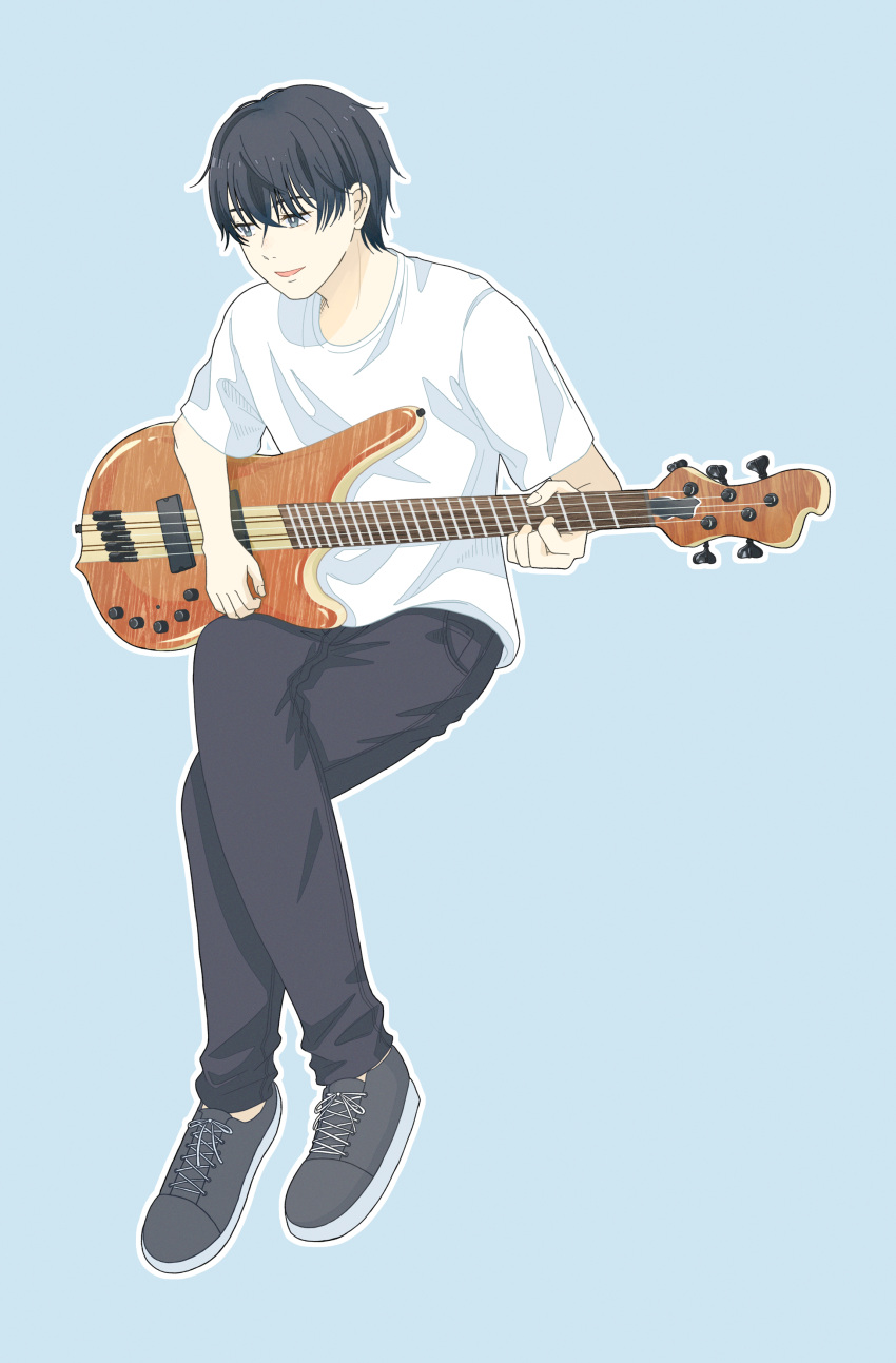 1boy absurdres black_eyes black_footwear black_hair black_pants blue_background bright_pupils crossed_legs full_body guitar highres holding holding_guitar holding_instrument instrument male_focus miko35 music open_mouth original outline pants playing_instrument shirt shoes short_hair simple_background sneakers solo t-shirt white_outline white_pupils white_shirt