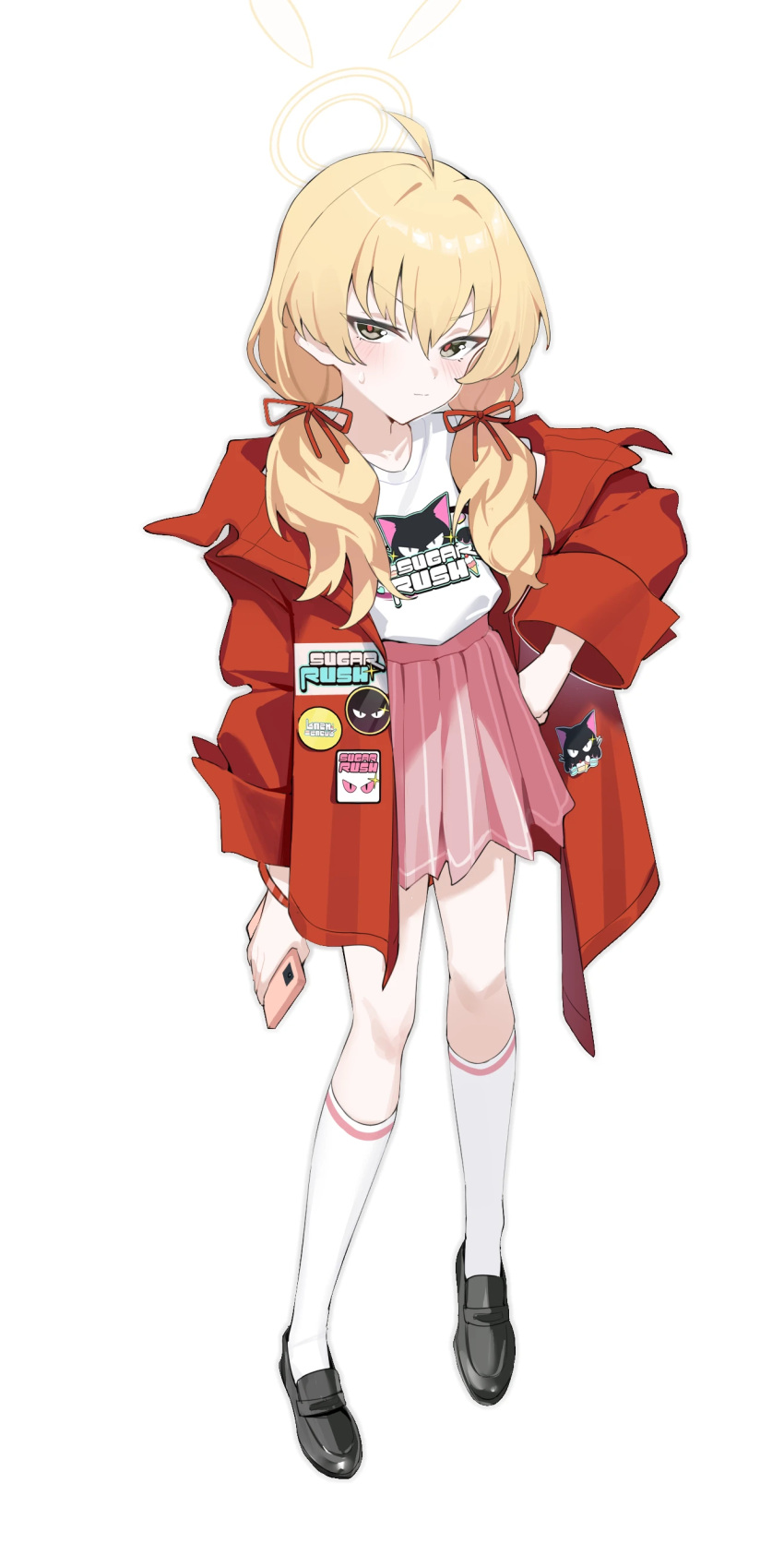1girl absurdres ahoge black_footwear blonde_hair blue_archive blush bracelet cellphone commentary commentary_request full_body hair_between_eyes hair_ribbon halo hand_on_own_hip highres holding holding_phone jacket jewelry kneehighs loafers long_hair long_sleeves looking_at_viewer low_twintails official_alternate_costume official_alternate_hairstyle open_clothes open_jacket phone pink_skirt pleated_skirt print_shirt red_jacket red_pupils red_ribbon ribbon shirt shirt_tucked_in shoes simple_background skirt smartphone socks solo standing sweatdrop tamago_(eva1314056) twintails white_background white_shirt white_socks yellow_halo yoshimi_(band)_(blue_archive) yoshimi_(blue_archive)