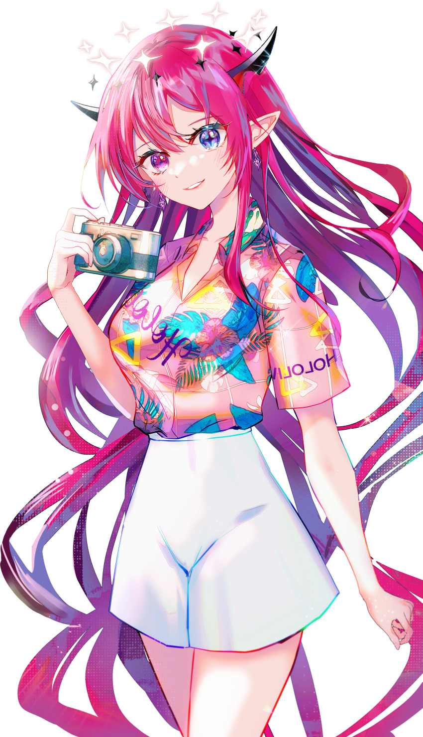 1girl absurdres arm_at_side blue_eyes camera collared_shirt commentary cross-shaped_pupils earrings floral_print floral_print_shirt halo hawaiian_shirt head_tilt heterochromia highres hololive hololive_english horns irys_(hololive) jewelry long_hair looking_at_viewer multicolored_hair official_alternate_costume parted_lips pink_eyes pink_hair pink_shirt pointy_ears print_shirt purple_hair redhead shirt short_sleeves shorts simple_background smile solo sowon symbol-only_commentary symbol-shaped_pupils transparent_background very_long_hair virtual_youtuber white_shorts