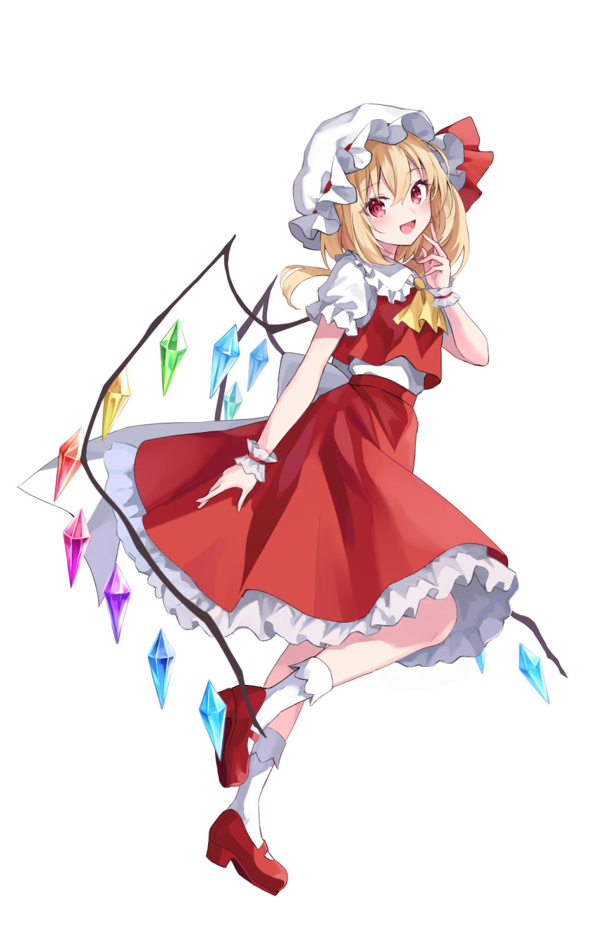 1girl ascot blonde_hair blush commentary_request crystal flandre_scarlet hat hat_ribbon highres kure~pu looking_at_viewer mob_cap multicolored_wings one_side_up open_mouth puffy_short_sleeves puffy_sleeves red_eyes red_footwear red_skirt red_vest ribbon short_sleeves side_ponytail skirt skirt_set smile socks solo touhou vest white_hat white_socks wings wrist_cuffs yellow_ascot