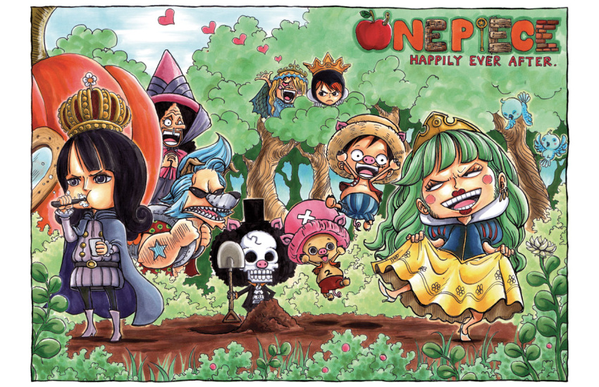 2girls 6+boys bird black_hair blonde_hair blue_hair blunt_bangs boots brook_(one_piece) cape chibi clothes_lift copyright_name cosplay cross crown dress e1n english_commentary forest franky_(one_piece) green_hair hat heart heart-shaped_eyes high_heels holding light_blue_hair long_hair long_nose looking_at_another monkey_d._luffy multiple_boys multiple_girls nami_(one_piece) nature nico_robin one_piece open_mouth orange_hair pink_hat roronoa_zoro sanji_(one_piece) skeleton skirt skirt_hold sky smile snow_white_(disney) snow_white_(disney)_(cosplay) straw_hat tony_tony_chopper usopp