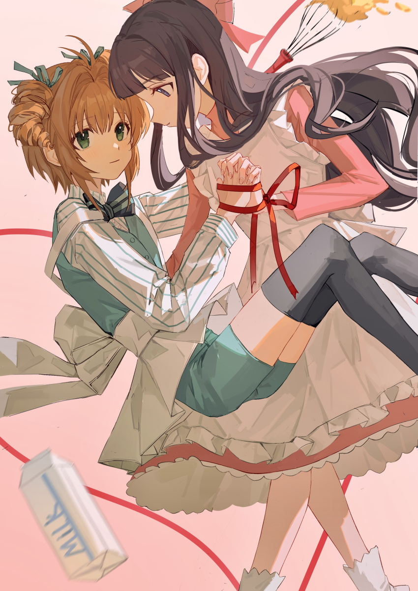 2girls absurdres apron aqua_shorts aqua_vest back_bow black_bow black_bowtie black_hair black_thighhighs blue_eyes blunt_bangs bow bowtie brown_hair cardcaptor_sakura chinese_commentary collared_dress collared_shirt commentary_request daidouji_tomoyo danshui dress drill_hair eye_contact feet_out_of_frame floating_hair frilled_apron frills from_side green_eyes hair_bow hair_intakes hair_ribbon highres holding_hands interlocked_fingers kinomoto_sakura long_hair looking_at_another milk_carton multiple_girls pink_background pink_dress red_ribbon ribbon shirt short_hair shorts side_drill simple_background single_drill striped_bow striped_bowtie striped_clothes striped_shirt thigh-highs vertical-striped_clothes vertical-striped_shirt whisk white_apron white_shirt yuri