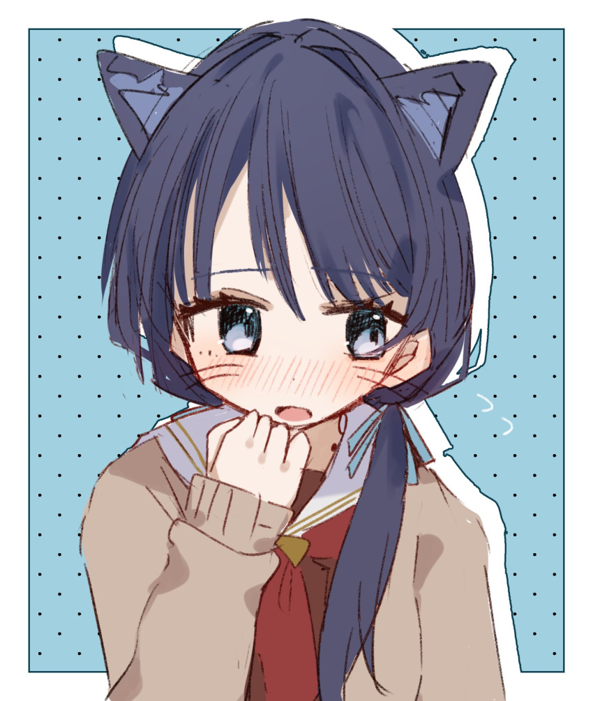 1girl animal_ears averting_eyes blue_background blue_eyes blue_hair blue_ribbon blush border brown_cardigan brown_dress cardigan cat_ears cat_girl clenched_hand commentary dark_blue_hair dress drop_shadow embarrassed flying_sweatdrops hair_ribbon hand_on_own_face hasu_no_sora_school_uniform highres inset_border kemonomimi_mode link!_like!_love_live! long_hair long_sleeves love_live! low_twintails mole mole_on_neck murano_sayaka nagisa_iori neckerchief nose_blush open_cardigan open_clothes open_mouth outside_border red_neckerchief ribbon sailor_collar sailor_dress school_uniform sideways_glance solo twintails upper_body virtual_youtuber whiskers white_border white_sailor_collar winter_uniform