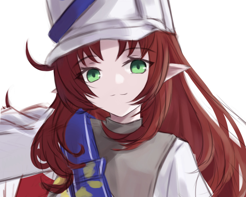 1girl arknights blue_sash commentary_request green_eyes hat highres jacket kiwicci long_hair looking_at_viewer myrtle_(arknights) myrtle_(light_gold_celebration)_(arknights) official_alternate_costume pointy_ears redhead sash shako_cap shirt simple_background solo white_background white_hat white_jacket white_shirt