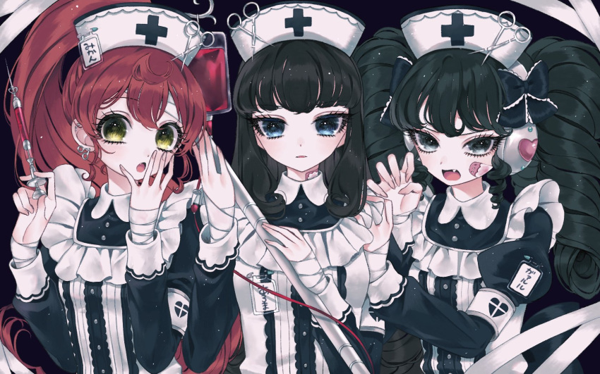 3girls ao_(ao0_0nemu) armband bad_id bad_twitter_id bandaged_hand bandages black_hair blue_eyes bow brown_hair claw_pose commentary_request covering_own_mouth fang gaaruru_(pripara) gothic_lolita hair_bow hand_over_own_mouth hands_up hat headphones highres holding holding_syringe intravenous_drip juliet_sleeves kurosu_aroma lolita_fashion long_hair long_sleeves looking_at_viewer multiple_girls nurse_cap open_mouth ponytail pretty_series pripara puffy_sleeves redhead scissors shiratama_mikan sidelocks syringe twintails yellow_eyes