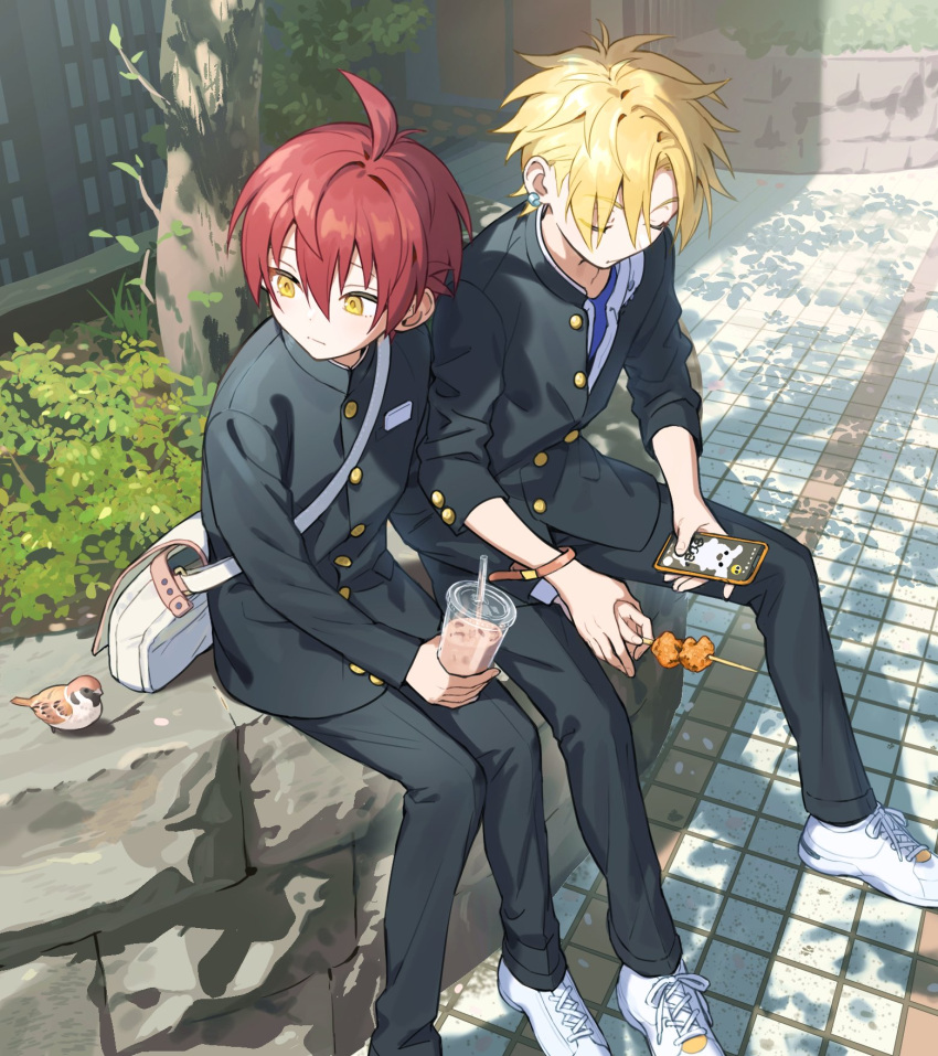 2boys bird black_jacket black_pants blonde_hair cellphone closed_eyes closed_mouth commentary_request cup dappled_sunlight day ear_piercing facing_down food full_body gakuran highres holding holding_cup holding_food holding_phone holding_skewer jacket long_sleeves looking_to_the_side male_focus multiple_boys original outdoors pants phone piercing pillow_(nutsfool) redhead school_uniform shoes sitting skewer smartphone sneakers spiky_hair sunlight tree white_bag white_footwear yellow_eyes