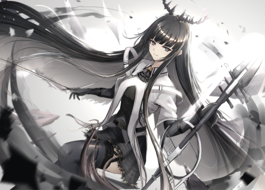 1girl absurdly_long_hair absurdres antenna_hair arknights ascot backlighting belt belt_buckle black_ascot black_belt black_garter_straps black_gloves black_hair black_halo black_skirt black_thighhighs bloom blunt_bangs blurry blurry_background blurry_foreground bow_(music) breasts bright_pupils broken_halo buckle bustier buttons cello closed_mouth collared_jacket colored_inner_hair commentary dark_halo day depth_of_field feet_out_of_frame floating floating_hair from_side garter_straps gloves grey_eyes grey_hair grey_shirt grey_sky halo hands_up highres hime_cut holding holding_bow_(music) holding_instrument instrument jacket knees lace-trimmed_skirt lace_trim layered_clothes layered_sleeves light_particles light_rays long_hair long_sleeves looking_at_viewer looking_to_the_side medium_breasts miniskirt mole mole_under_eye multicolored_hair outdoors pleated_skirt poni_(poni_arknights) shirt short-sleeved_jacket short_over_long_sleeves short_sleeves sidelocks skirt sky smile solo straight_hair strap sunbeam sunlight thigh-highs thighs two-tone_hair untucked_shirt very_long_hair virtuosa_(arknights) white_jacket white_pupils wide_sleeves wing_collar zettai_ryouiki