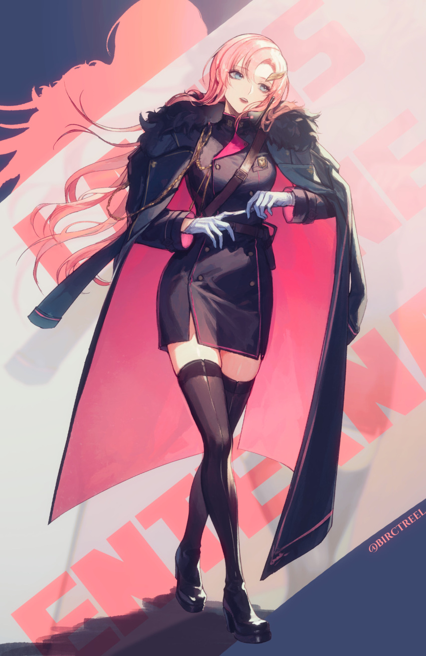 1girl bai_rui belt black_coat blue_eyes boots coat coat_dress coat_on_shoulders fur-trimmed_coat fur_trim gloves gundam gundam_seed gundam_seed_destiny gundam_seed_freedom hair_ornament high_heels highres jacket lacus_clyne long_hair military military_jacket military_uniform pink_hair solo thigh_boots two-sided_coat two-sided_fabric uniform white_gloves