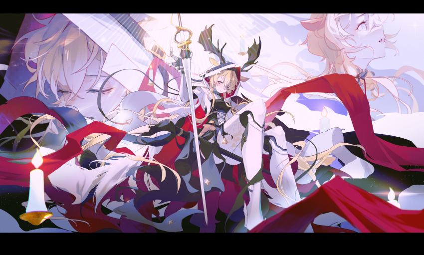 1girl absurdres animal_ears antlers antlers_through_hood arknights black_dress blonde_hair chinese_commentary closed_eyes coat commentary_request deer_antlers deer_ears deer_girl dress empty_eyes fanlan_c highres holding holding_staff horns knees_up long_hair looking_at_viewer looking_up multiple_views pantyhose parted_lips red_scarf scarf staff very_long_hair violet_eyes viviana_(arknights) white_coat white_footwear white_hood white_pantyhose