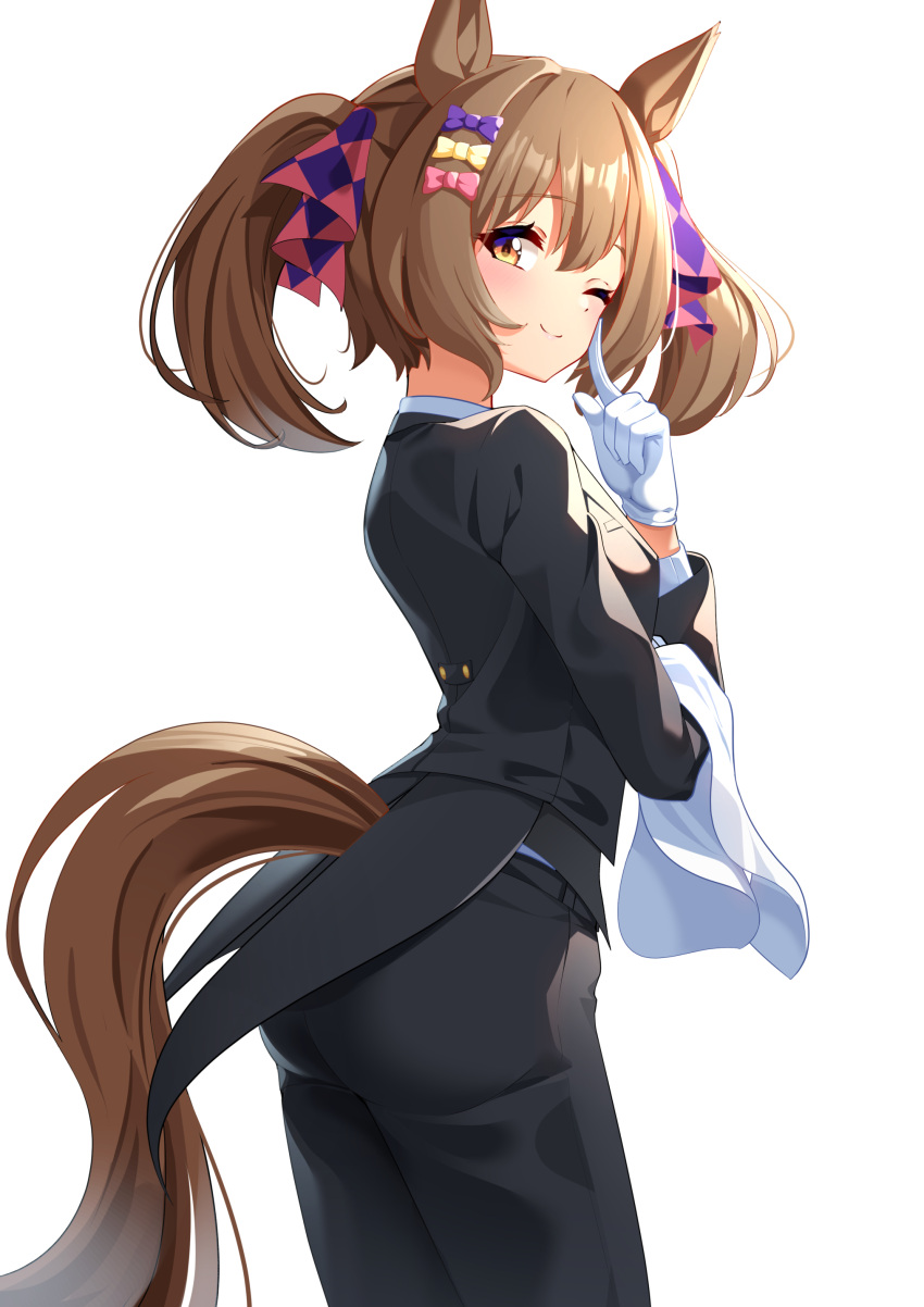 1girl absurdres alternate_costume animal_ears black_jacket black_pants blush bow brown_hair butler commentary_request gloves hair_between_eyes hair_bow highres horse_ears horse_girl horse_tail jacket long_sleeves looking_at_viewer medium_hair one_eye_closed pants simple_background smart_falcon_(umamusume) smile solo sunny_(20597521) tail tail_through_clothes tailcoat twintails umamusume white_background white_gloves yellow_eyes