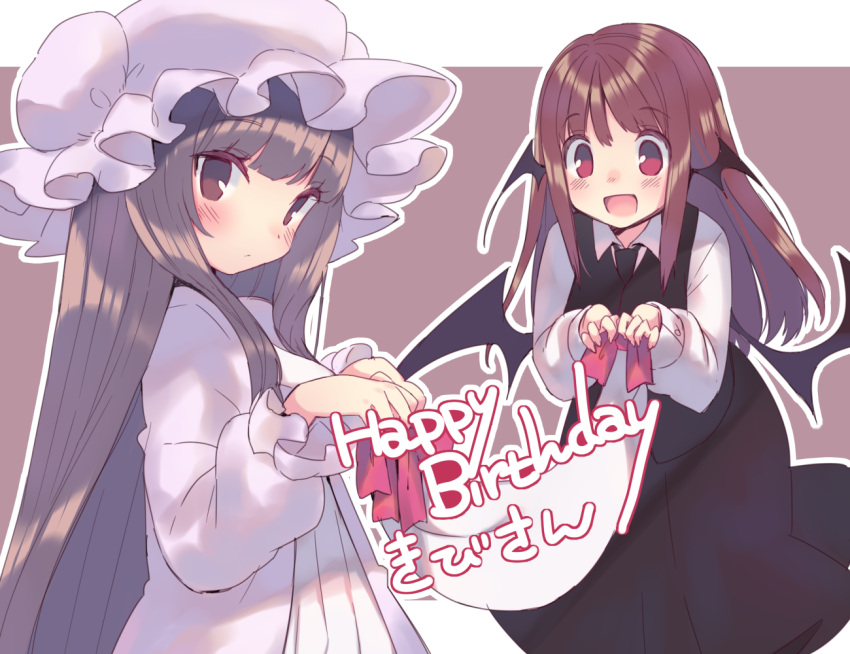 2girls black_skirt black_vest black_wings breasts bun_cover closed_mouth commentary_request cowboy_shot demon_wings double_bun dress feet_out_of_frame frilled_hat frilled_sleeves frills gift_art hair_bun happy_birthday hat holding_banner koakuma light_brown_hair light_frown long_hair long_skirt long_sleeves mob_cap multiple_girls multiple_wings outline patchouli_knowledge pleated_dress pleated_skirt puffy_long_sleeves puffy_sleeves purple_hair purple_hat purple_robe purple_sleeves red_background red_eyes redhead robe sidelocks simple_background skirt straight_hair touhou usamata very_long_hair vest white_dress white_outline wings