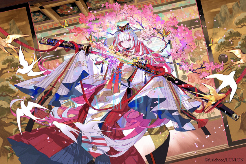 1girl bug butterfly cherry_blossoms cloud_print colored_inner_hair copyright_name drawing_sword expressionless flower fuzichoco highres holding holding_sword holding_weapon japanese_clothes kimono long_hair looking_at_object materializing multicolored_hair ootachi original pink_eyes pink_flower pink_rose red_ribbon ribbon rose sample_watermark scabbard sheath shouji simple_bird sleeves_past_wrists sliding_doors solo standing sword watermark weapon white_hair white_kimono